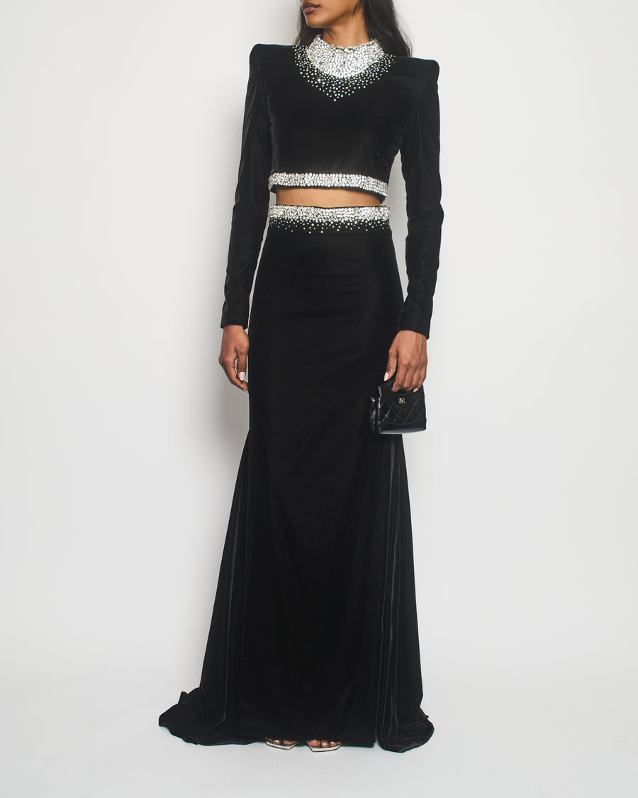 Miss Sohee Black Embellished Long Sleeve Velvet Top with Matching Maxi Skirt Size FR 36 (UK 8)