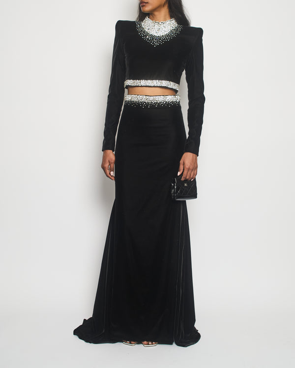 Miss Sohee Black Embellished Long Sleeve Velvet Top with Matching Maxi Skirt Size FR 36 (UK 8)