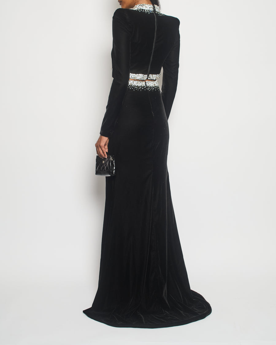 Miss Sohee Black Embellished Long Sleeve Velvet Top with Matching Maxi Skirt Size FR 36 (UK 8)