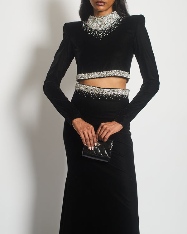 Miss Sohee Black Embellished Long Sleeve Velvet Top with Matching Maxi Skirt Size FR 36 (UK 8)