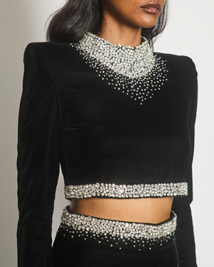 Miss Sohee Black Embellished Long Sleeve Velvet Top with Matching Maxi Skirt Size FR 36 (UK 8)
