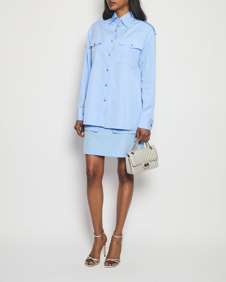 Prada Blue Button Down Military Shirt with Matching Skirt Size IT 38 (UK 6)
