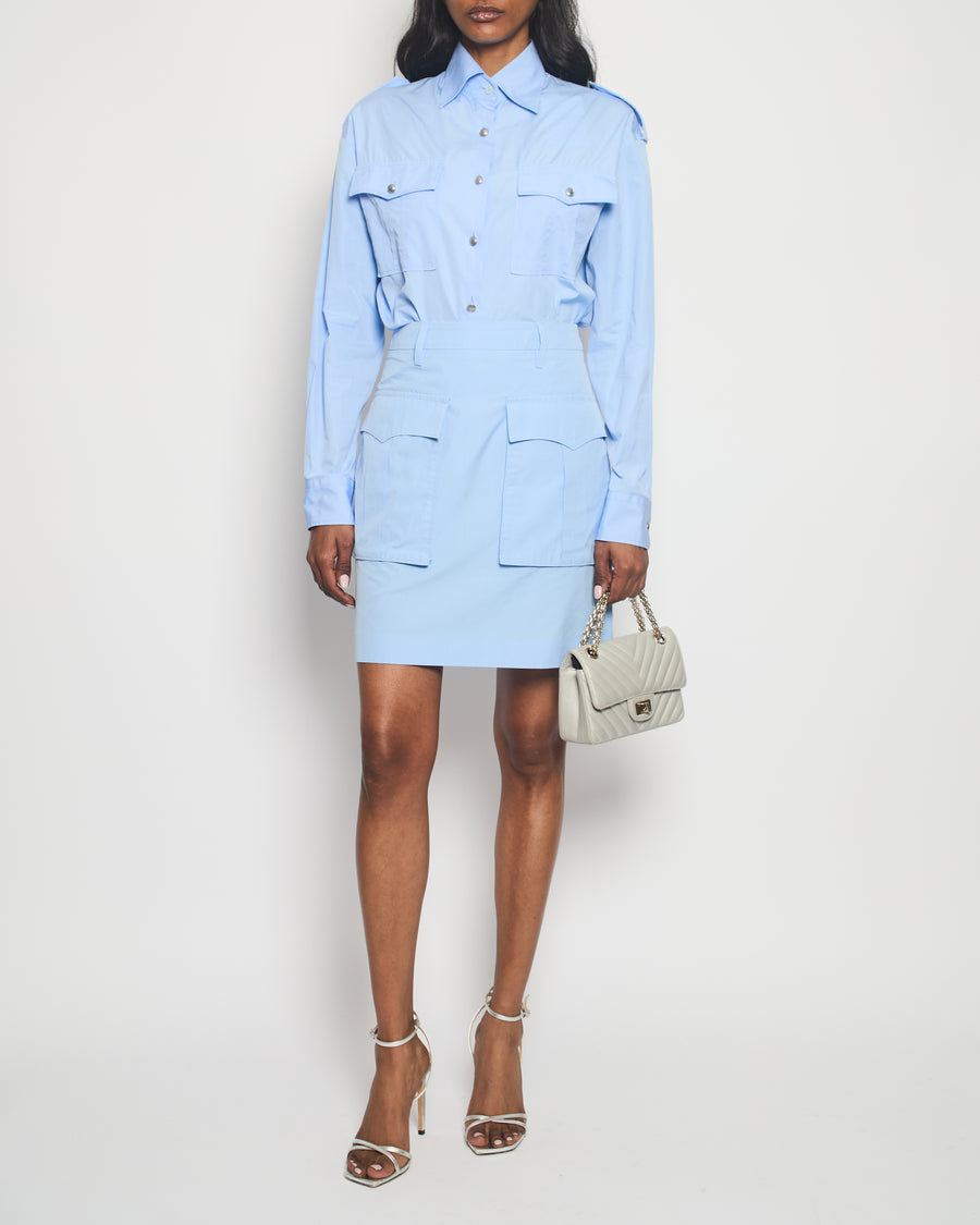 Prada Blue Button Down Military Shirt with Matching Skirt Size IT 38 (UK 6)
