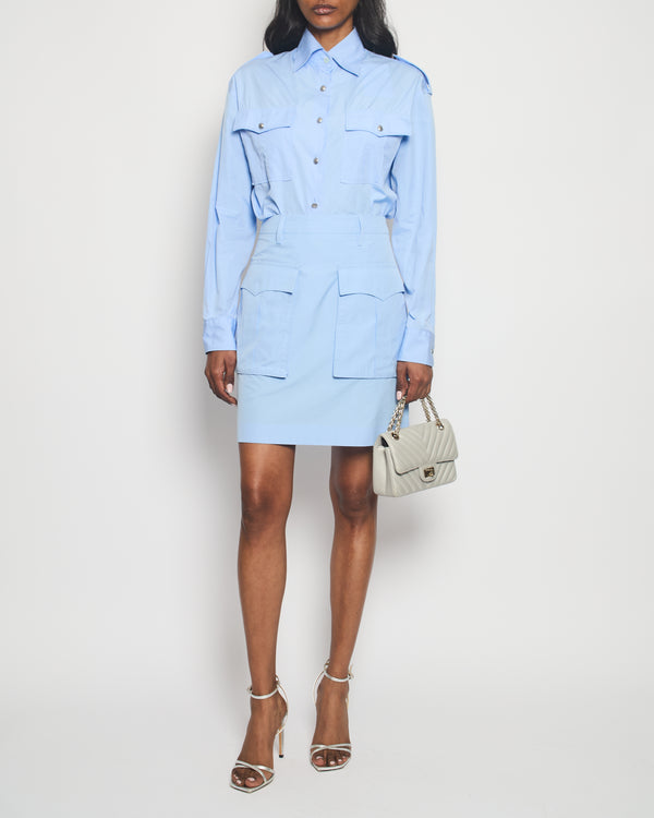 Prada Blue Button Down Military Shirt with Matching Skirt Size IT 38 (UK 6)