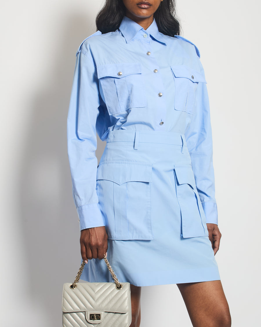 Prada Blue Button Down Military Shirt with Matching Skirt Size IT 38 (UK 6)