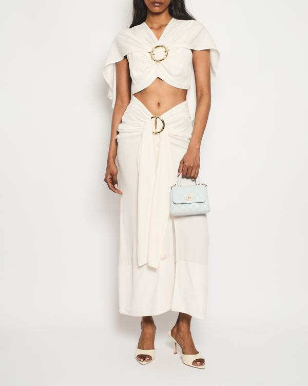 Paco Rabanne Cream Buckle Top with Matching Ruched Button Down Midi Skirt Size FR 38 (UK 10)