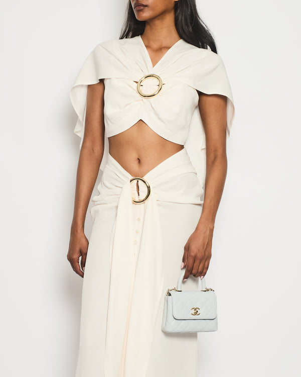Paco Rabanne Cream Buckle Top with Matching Ruched Button Down Midi Skirt Size FR 38 (UK 10)