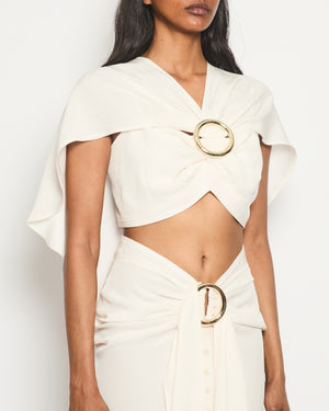 Paco Rabanne Cream Buckle Top with Matching Ruched Button Down Midi Skirt Size FR 38 (UK 10)