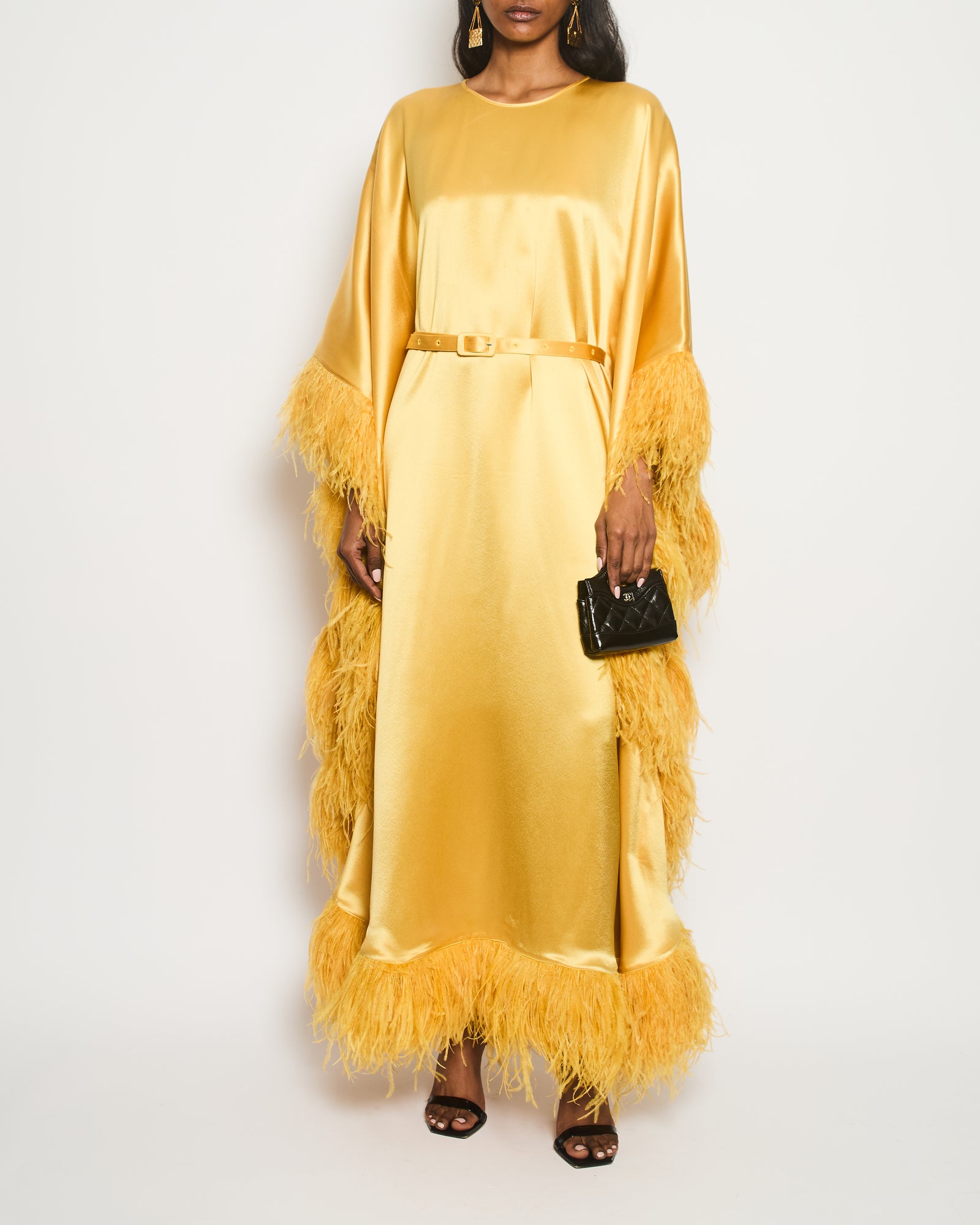 Huishan Zhang Yellow Long Sleeve Maxi Dress with Feather Trim Detail S – Sellier