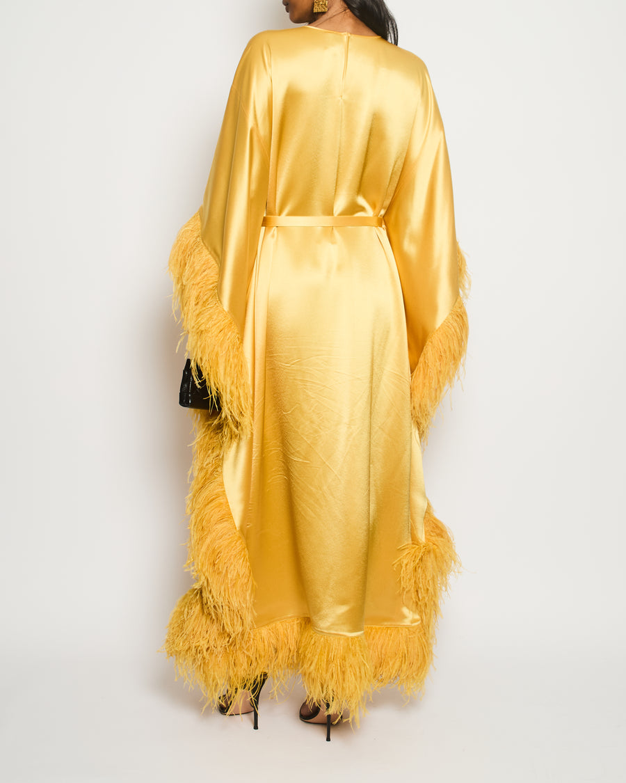 Huishan Zhang Yellow Long Sleeve Maxi Dress with Feather Trim Detail Size O/S