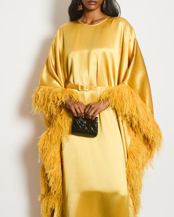 Huishan Zhang Yellow Long Sleeve Maxi Dress with Feather Trim Detail Size O/S