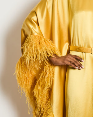 Huishan Zhang Yellow Long Sleeve Maxi Dress with Feather Trim Detail Size O/S
