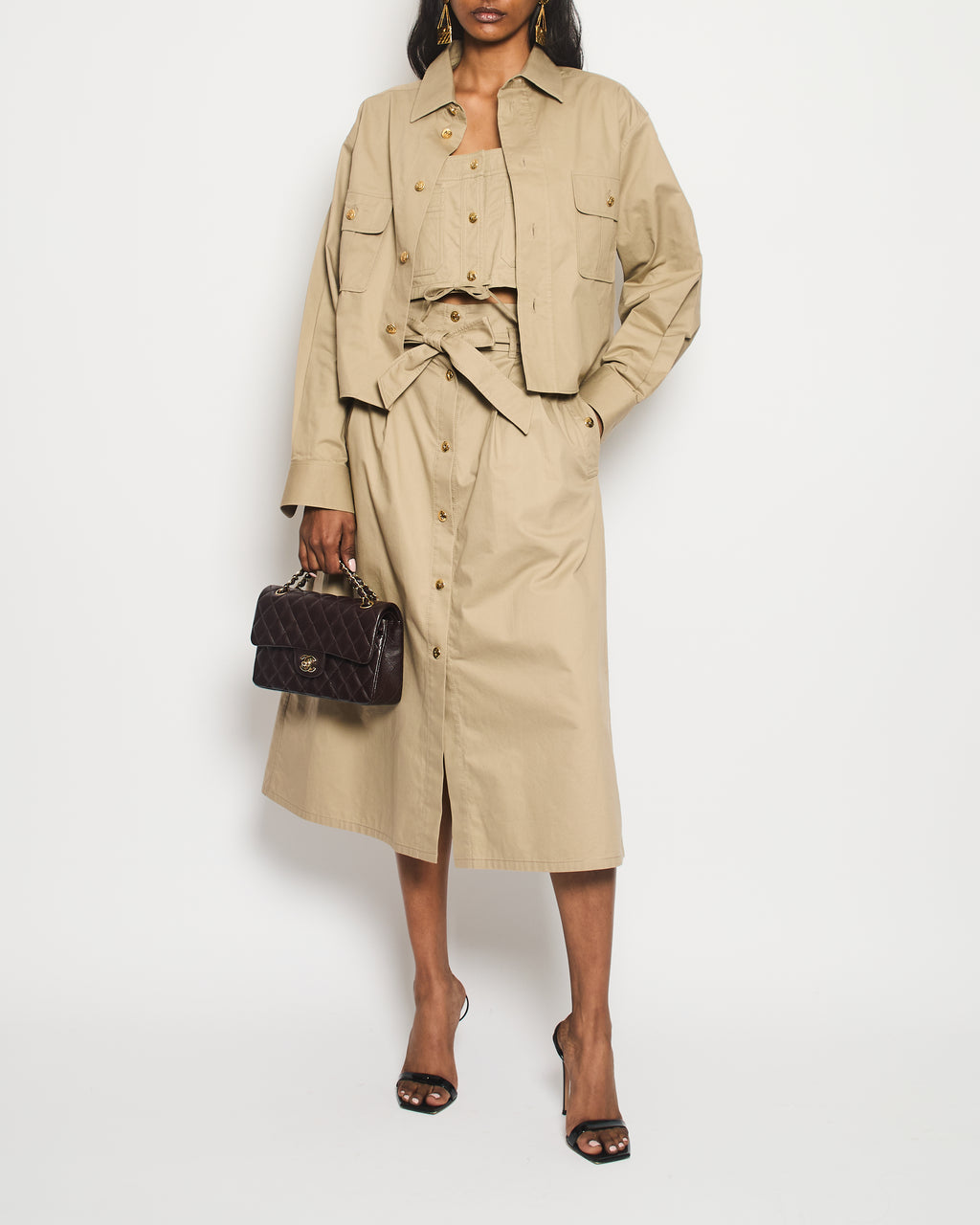 Celine Beige Military Jacket with Matching Top and Skirt Size FR
