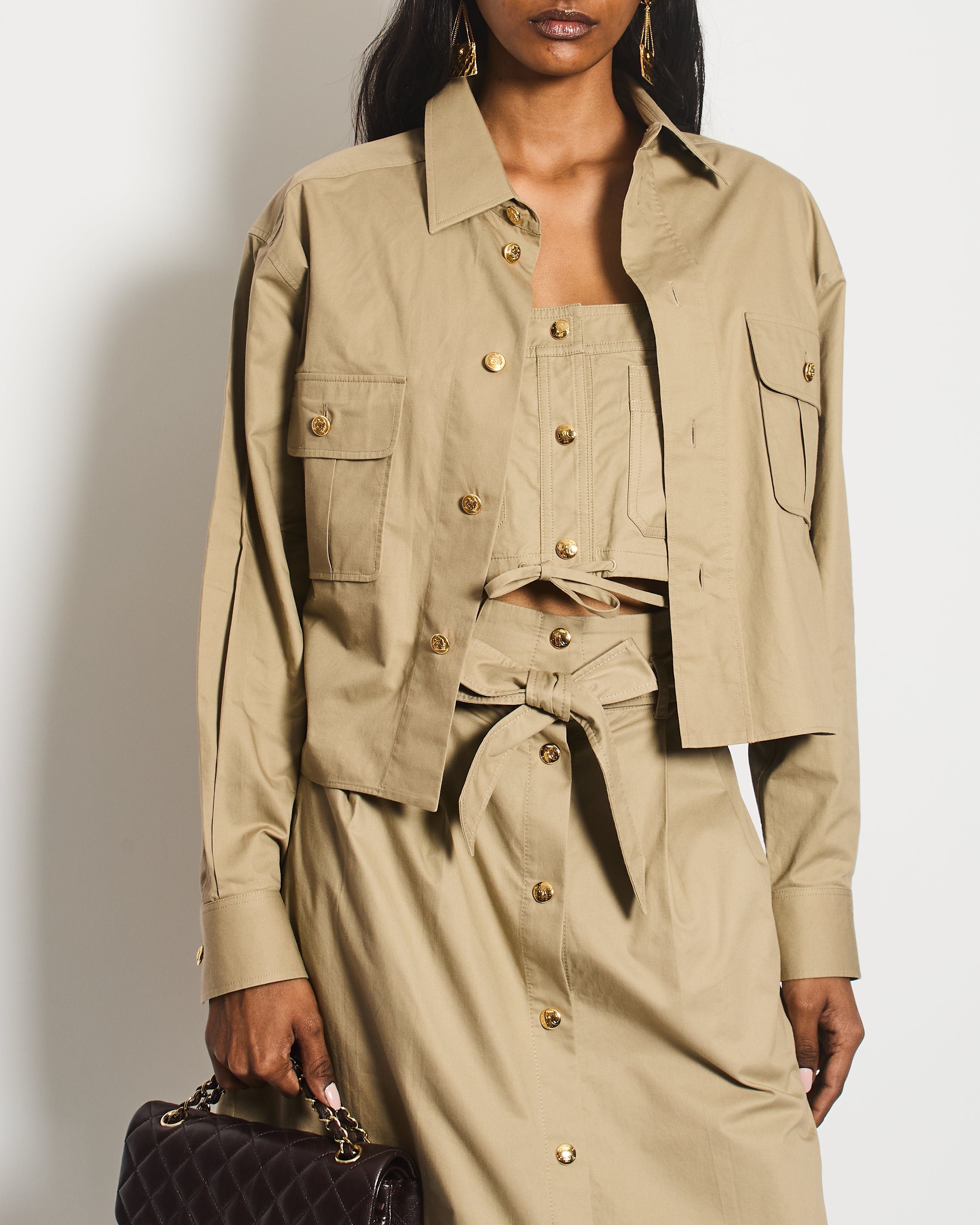 【ミリタリーに♪】CELINE Woman Jacket Military Celine Beige Military Jacket with Matching Top and Skirt