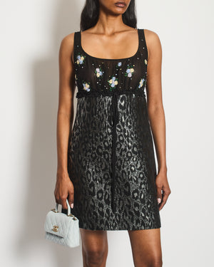 Miu Miu Black Floral Embellished Leopard Print Mini Dress Size IT 38 (UK 6)