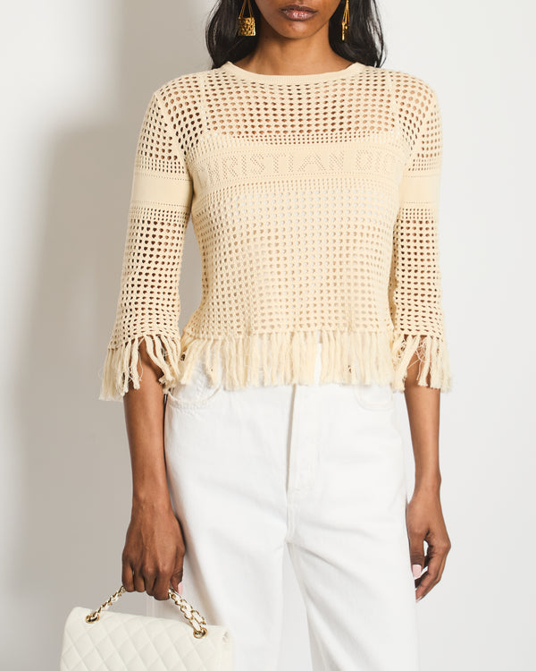 Christian Dior Beige Crochet Logo Long Sleeve Top with Tassel Detail Size FR 36 (UK 8)