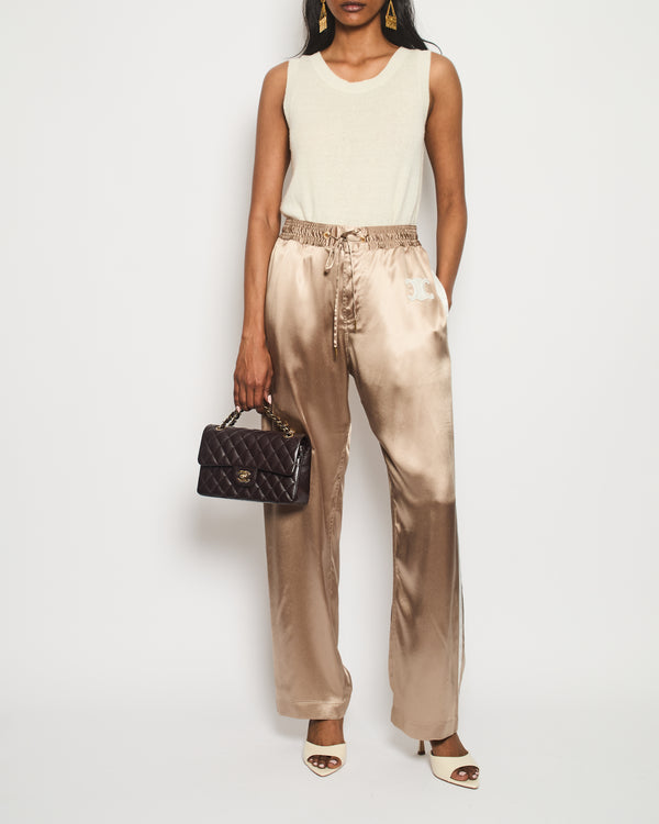 Celine Beige Silk Track Pants with Triomphe Logo and Stripe Detail Size FR 38 (UK 10)