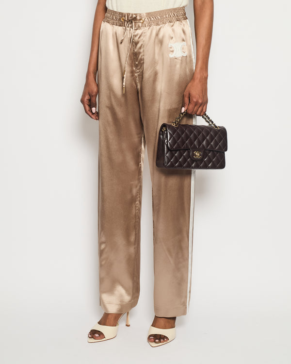 Celine Beige Silk Track Pants with Triomphe Logo and Stripe Detail Size FR 38 (UK 10)