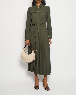 Celine Khaki Long Sleeve Midi Dress with Pleated and Waist Tie Detail Size FR 36 (UK 8)