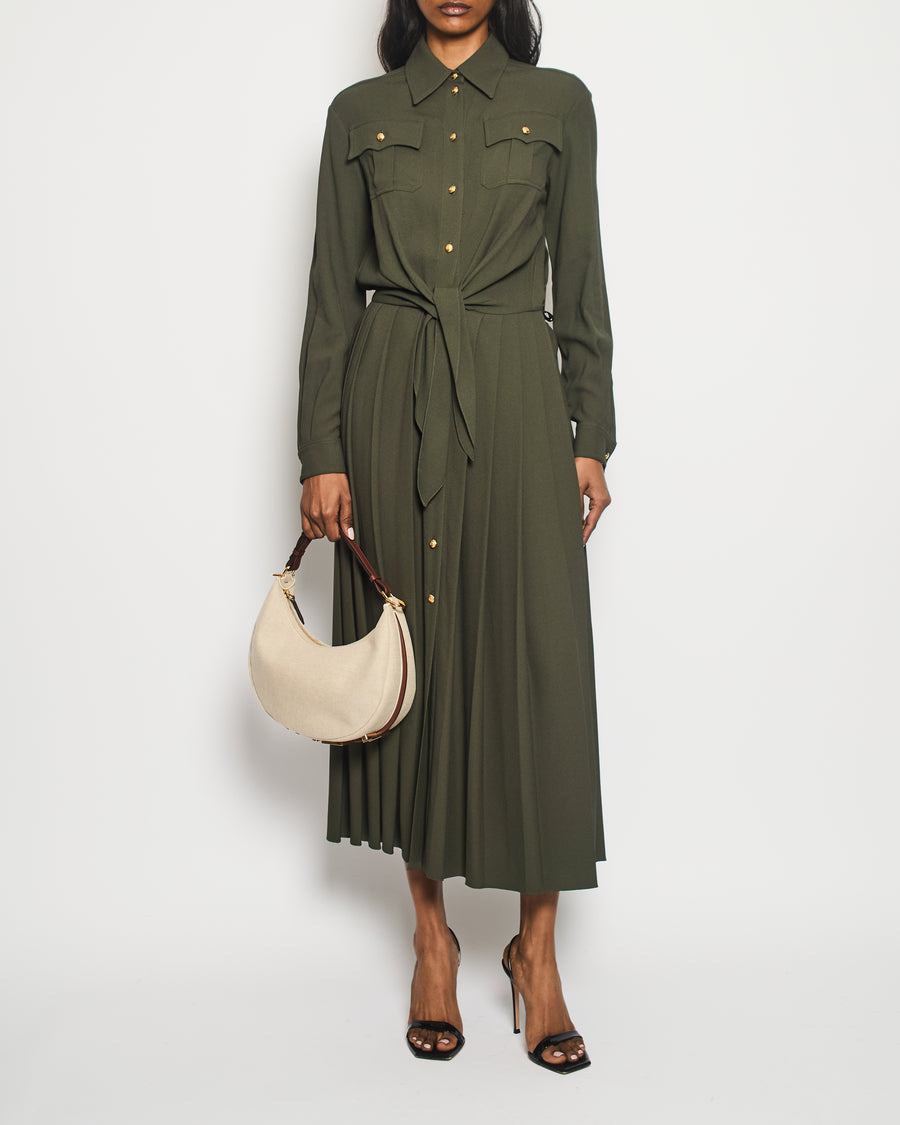 Celine Khaki Long Sleeve Midi Dress with Pleated and Waist Tie Detail Size FR 36 (UK 8)