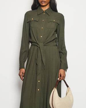 Celine Khaki Long Sleeve Midi Dress with Pleated and Waist Tie Detail Size FR 36 (UK 8)