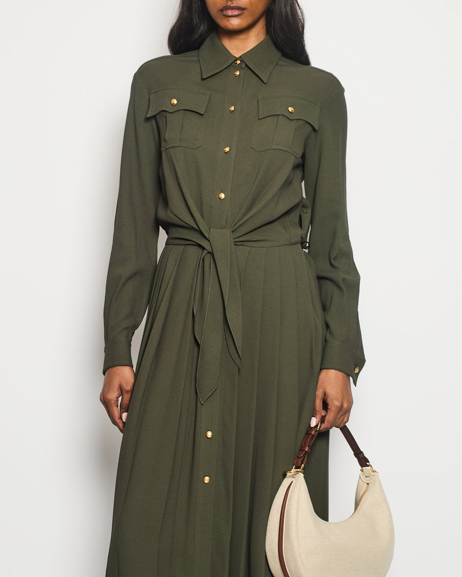 Celine Khaki Long Sleeve Midi Dress with Pleated and Waist Tie Detail Size FR 36 (UK 8)