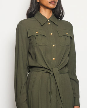 Celine Khaki Long Sleeve Midi Dress with Pleated and Waist Tie Detail Size FR 36 (UK 8)