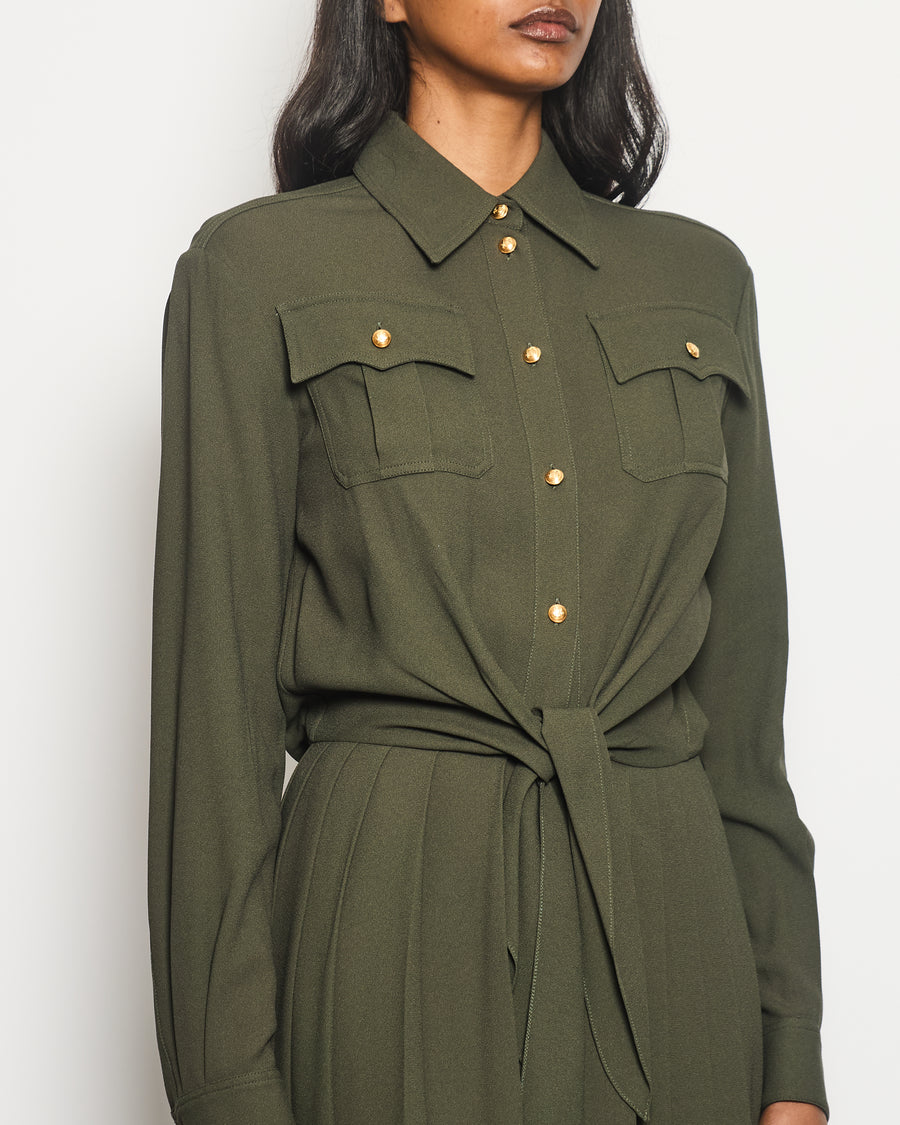 Celine Khaki Long Sleeve Midi Dress with Pleated and Waist Tie Detail Size FR 36 (UK 8)