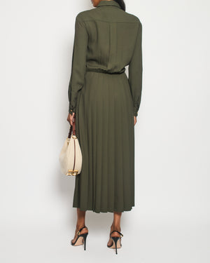 Celine Khaki Long Sleeve Midi Dress with Pleated and Waist Tie Detail Size FR 36 (UK 8)