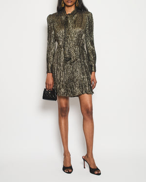 Saint Laurent Gold Long Sleeve Midi Dress with Neck Tie Detail Size FR 36 (UK 8)