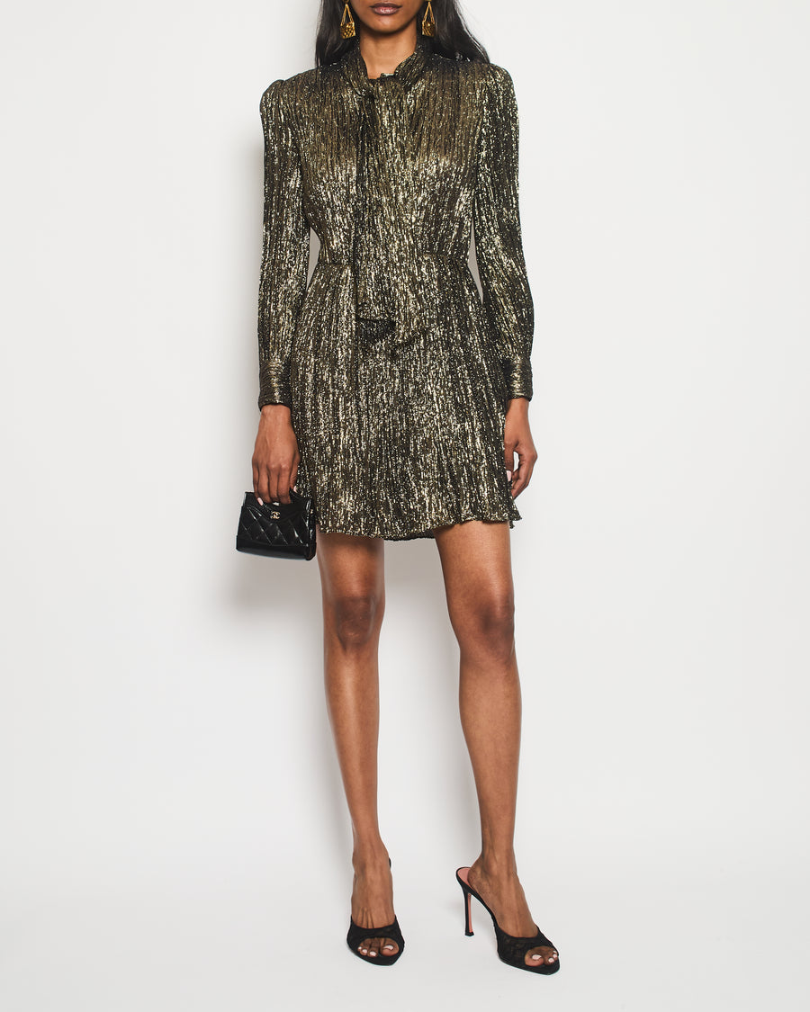 Saint Laurent Gold Long Sleeve Midi Dress with Neck Tie Detail Size FR 36 (UK 8)