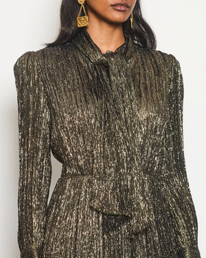 Saint Laurent Gold Long Sleeve Midi Dress with Neck Tie Detail Size FR 36 (UK 8)