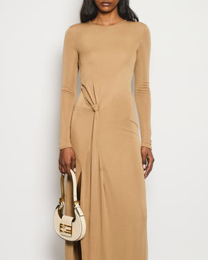 Saint Laurent Camel Long Sleeve Maxi Dress with Knot Tie Detail Size FR 34 (UK 6)