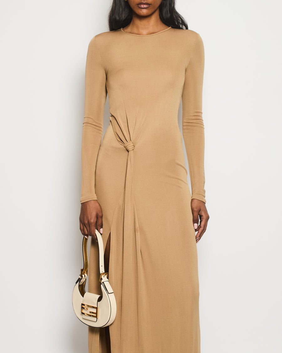 Saint Laurent Camel Long Sleeve Maxi Dress with Knot Tie Detail Size FR 34 (UK 6)