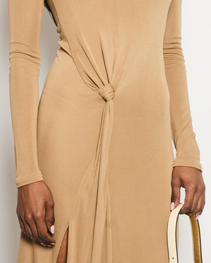 Saint Laurent Camel Long Sleeve Maxi Dress with Knot Tie Detail Size FR 34 (UK 6)