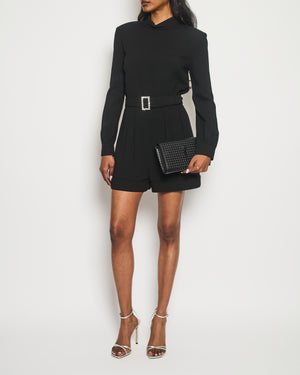 Saint Laurent Black Mid-Neck Long Sleeve Backless Playsuit with Embellished Belt Detail Size FR 40 (UK 12)