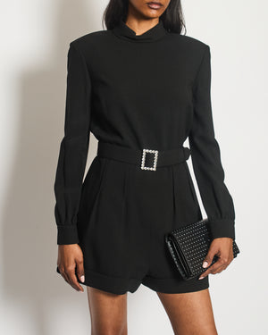 Saint Laurent Black Mid-Neck Long Sleeve Backless Playsuit with Embellished Belt Detail Size FR 40 (UK 12)