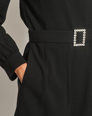 Saint Laurent Black Mid-Neck Long Sleeve Backless Playsuit with Embellished Belt Detail Size FR 40 (UK 12)