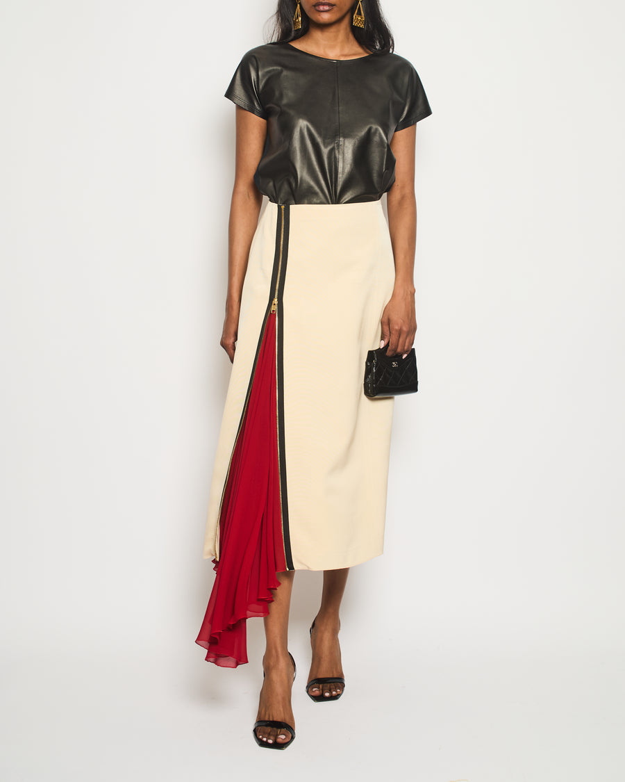 Gucci Cream Midi Skirt with Zip Detail and Red Underlay Detail Size IT 38 (UK 6)