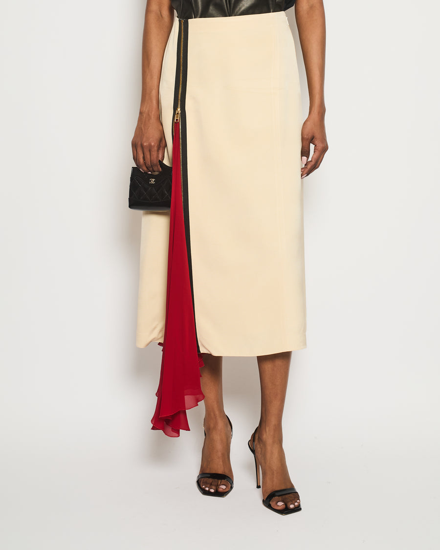 Gucci Cream Midi Skirt with Zip Detail and Red Underlay Detail Size IT 38 (UK 6)