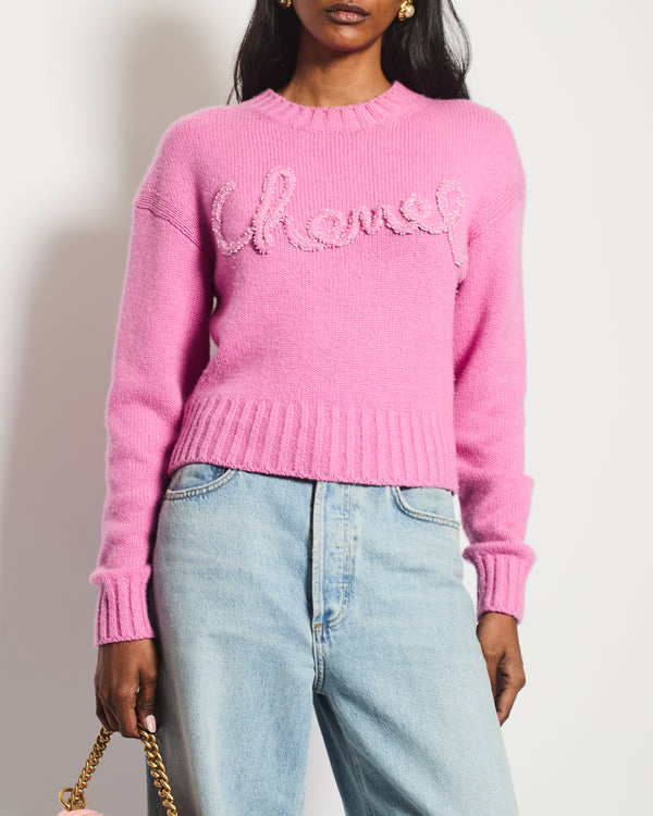 Chanel 20/B Pink Cashmere Jumper with Pearl Logo Detail Size FR 36 (UK 8)