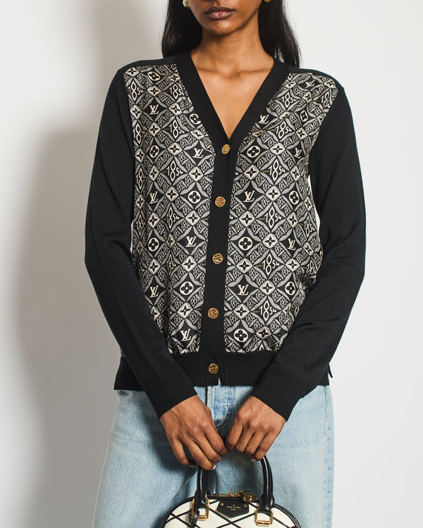 Louis Vuitton Navy Silk Monogram Long Sleeve Cardigan with Gold Logo Button Detail Size XS (UK 6)