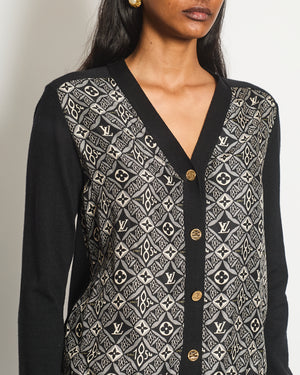 Louis Vuitton Navy Silk Monogram Long Sleeve Cardigan with Gold Logo Button Detail Size XS (UK 6)