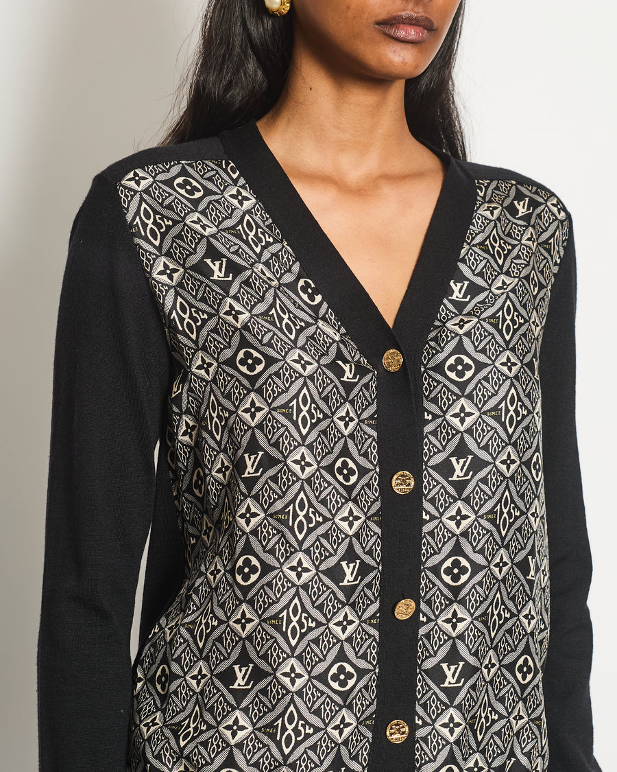Louis Vuitton Navy Silk Monogram Long Sleeve Cardigan with Gold Logo Button Detail Size XS (UK 6)