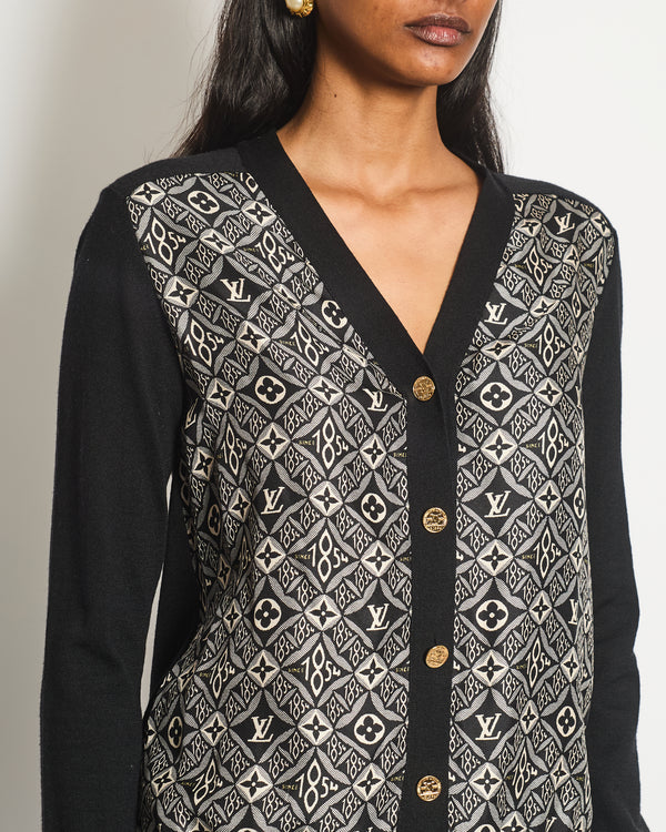 Louis Vuitton Navy Silk Monogram Long Sleeve Cardigan with Gold Logo Button Detail Size XS (UK 6)