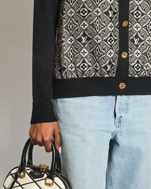 Louis Vuitton Navy Silk Monogram Long Sleeve Cardigan with Gold Logo Button Detail Size XS (UK 6)