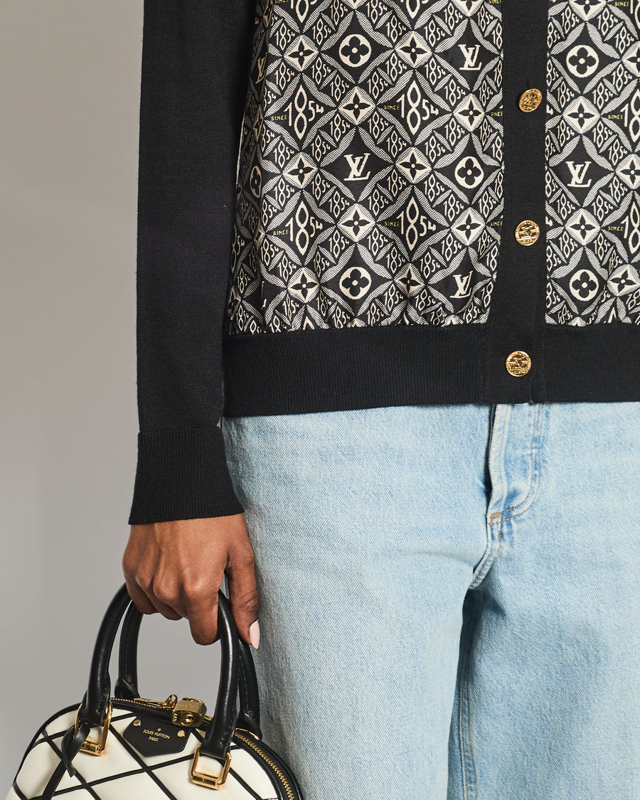 Louis Vuitton Navy Silk Monogram Long Sleeve Cardigan with Gold Logo Button Detail Size XS (UK 6)