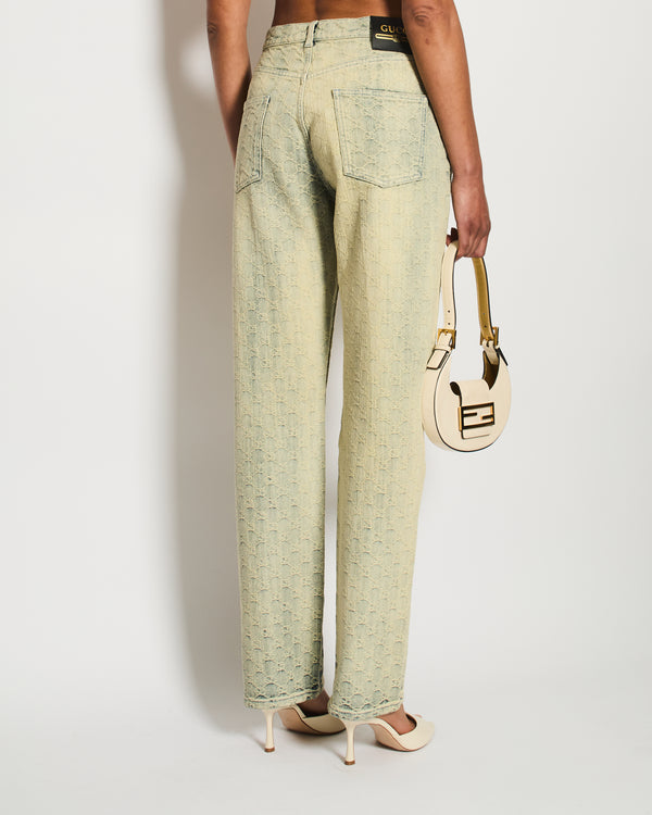 Gucci Acid Wash Blue Denim Straight Leg Jeans with GG Monogram Embroidery Size W 28 (UK 10)