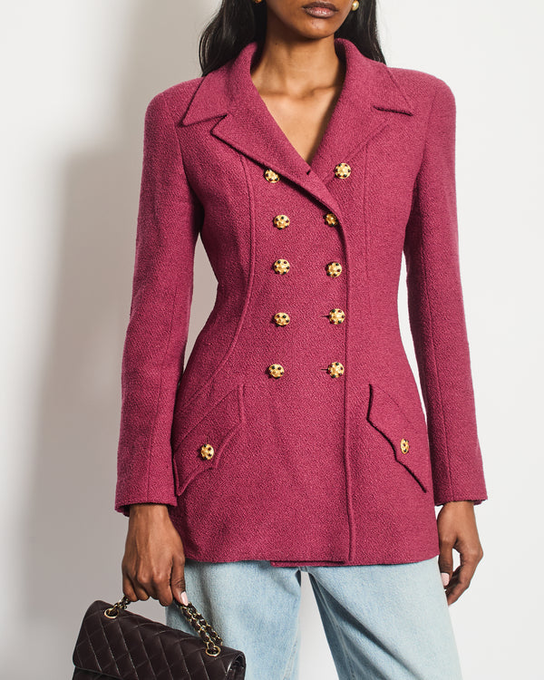 Chanel 96A Dark Pink Boucle Double Breasted Jacket With Gold Buttons Size FR 36 (UK 8)
