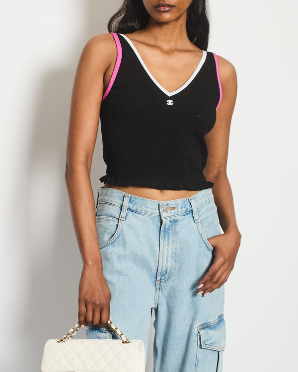 Chanel Black V-Neck Vest Top With CC Logo and Pink Trim Size FR 34 (UK 6)